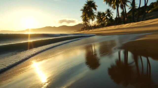 A dreamlike beachscape with gentle ocean waves, sunlit ripples, and velvety soft sand, creating a flawless backdrop for summer-inspired marketing campaigns.