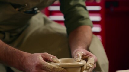 Laughing smiling Caucasian craftsman man male guy happy businessman potter small business owner making pottery artwork on spinning circle wheel looking at camera working with wet clay indoors studio