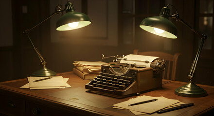 Vintage Typewriter On Wood Desk Under Warm Light