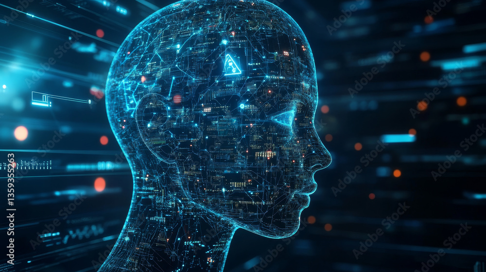 Poster block chain network and programming concept. global artificial intelligence. hologram of the neural 