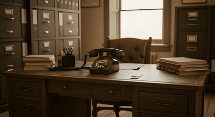 Fototapeta premium Vintage Retro Wooden Office Desk With Antique Telephone