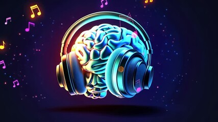 Vibrant brain with headphones surrounded by musical notes in neon colors - Powered by Adobe