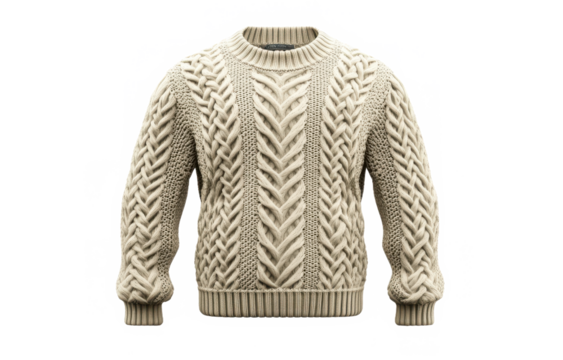 Beige sweater with intricate cable knit pattern front view full body shot hyper realistic isolated on transparent background