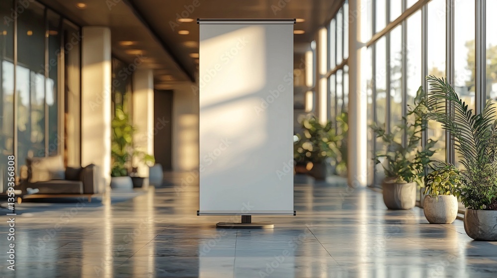 Poster a spacious lobby showcases a blank display stand, surrounded by vibrant plants basking in the soft a
