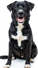 Naklejka premium Cute happy dog sitting and posing on white background, Australian Shepherd dog