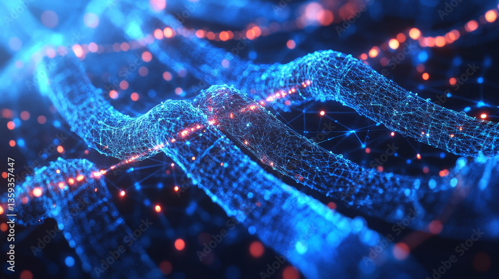 Poster big data stream. global decentralized network. future technology 3d illustration. visualization bloc