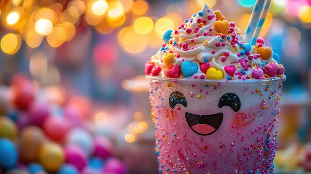 Colorful, delightful milkshake topped with whipped cream, sprinkles, and candies - Powered by Adobe