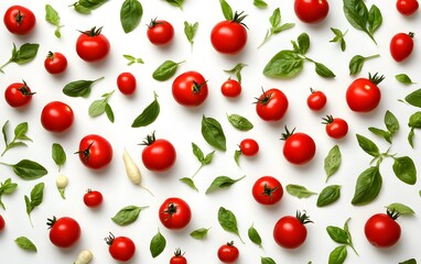 Vibrant Tomato and Basil Flat Lay Pattern