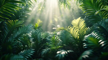 Lush green tropical foliage bathed in the bright sunlight beams