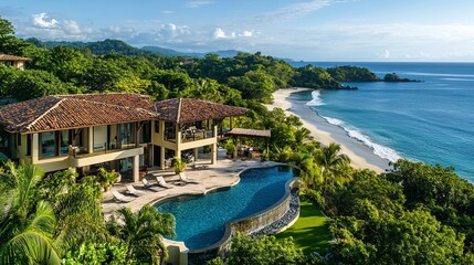 Obraz premium Luxurious oceanfront estate surrounded by pristine beaches, contemporary design with high-end finishes, private terraces, and lush tropical landscaping 