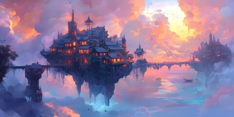 Fototapeta premium Enchanting floating city at sunset with vibrant colors, reflecting on serene waters, and fluffy clouds