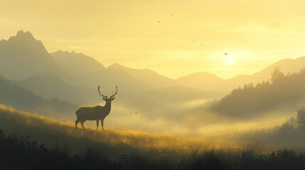 A serene landscape at sunset featuring a solitary deer amidst mountains and mist.