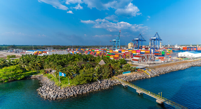 An aerial view overlooking the container port at Puerto Quetzal in Guatemala in early springtime