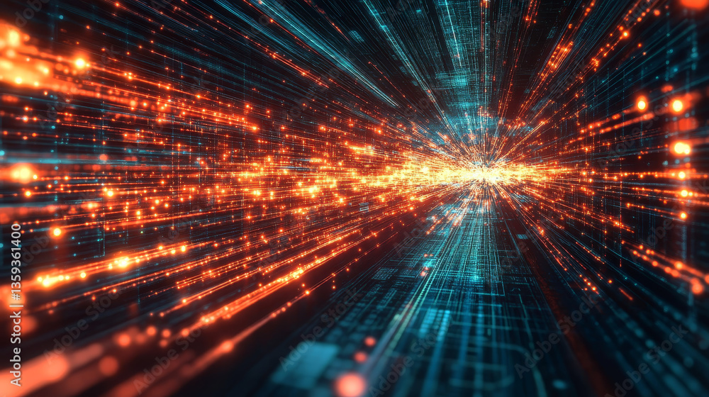 Poster digital data stream. flying at high speed through undulating big data networks. modern technology ba