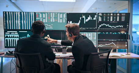 Computer screen, finance and business men for stock market, financial analytics and trading review. Fintech, office and back of people with monitor for online investment, revenue charts or statistics