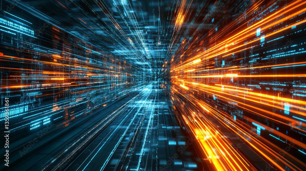 Poster high-speed data flow, information processing. big data analytics. inside the internet cable. digital