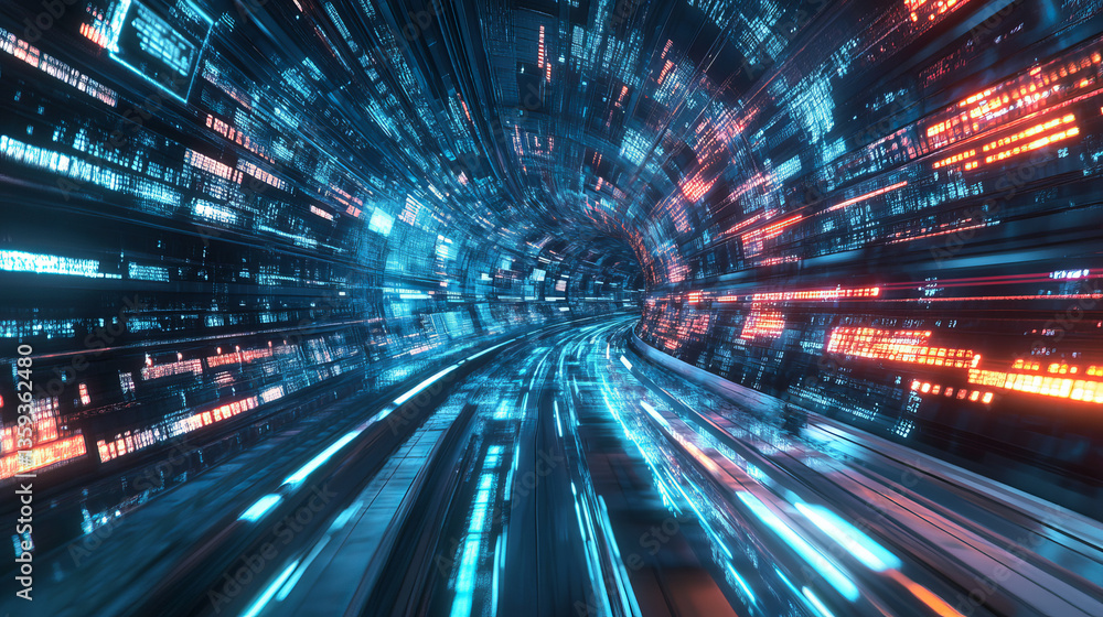 Poster digital technology. high speed data transfer. information flow in 3d illustration. movement in futur