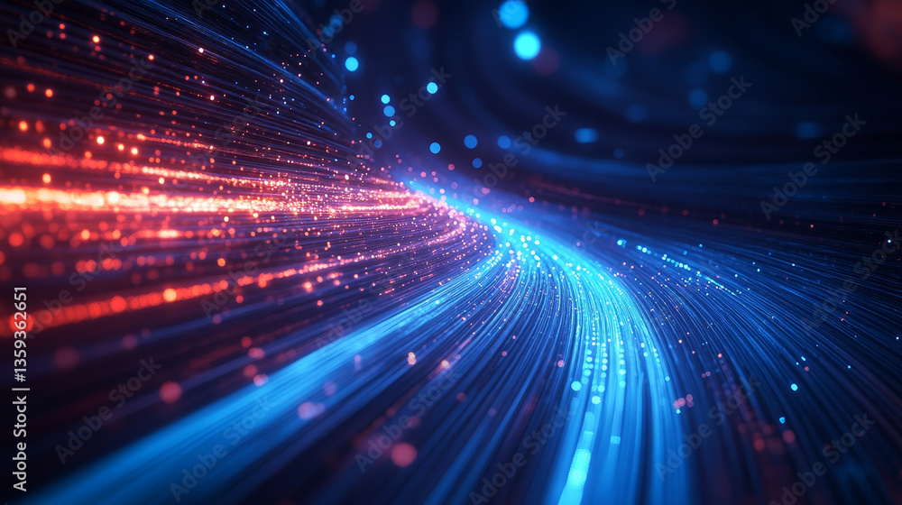 Poster neon rays virtual flight. 3d illustration of computer code flowing inside cable. high-speed data tra