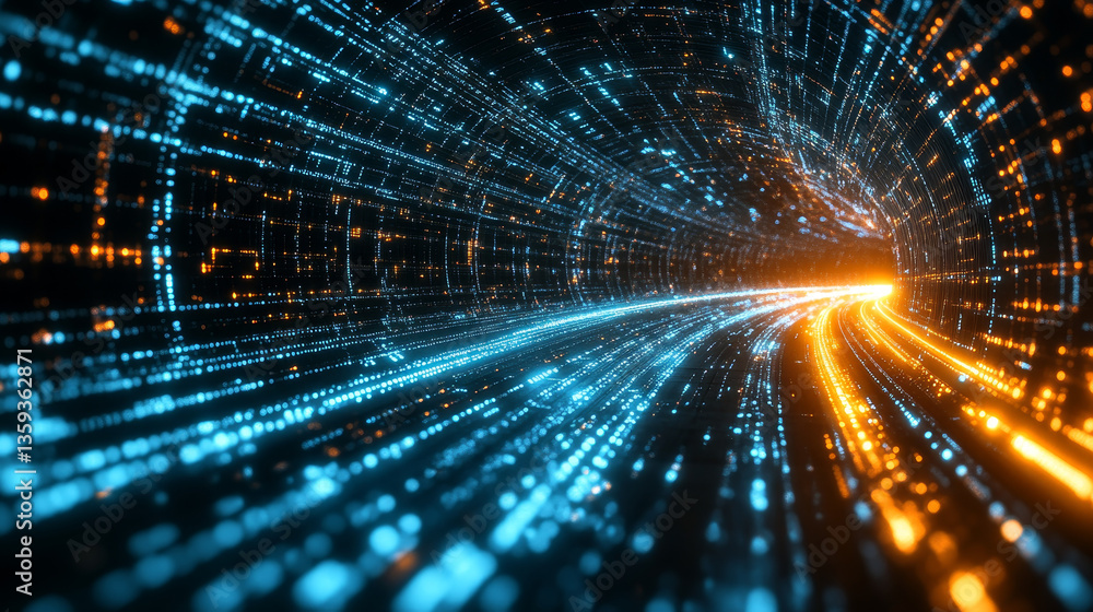 Poster neon rays virtual flight. 3d illustration of computer code flowing inside cable. high-speed data tra