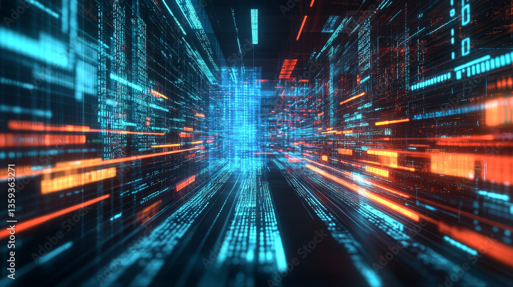 Poster high-speed data transfer. big data visualization, internet technology 3d illustration. neural networ