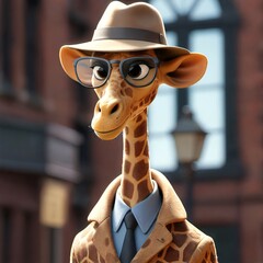 A animated giraffe wearing a fedora, sunglasses, and a trench coat in front of a blurred cityscape background.