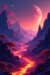 A digital illustration of a vibrant Martian landscape with towering mountains, glowing lava rivers, and alien plant life,  representation,  discovery