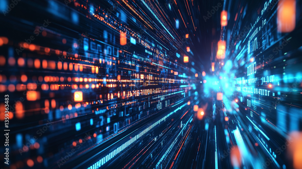 Poster high-speed data transfer. big data visualization, internet technology 3d illustration. neural networ