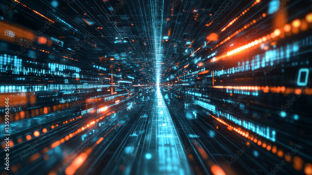 Poster high-speed data transfer. big data visualization, internet technology 3d illustration. neural networ