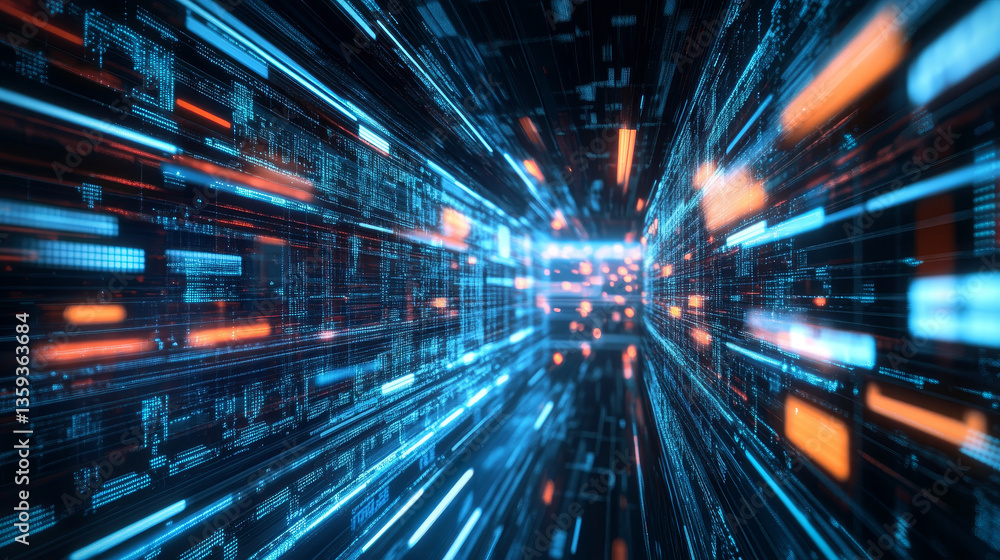Poster high-speed data transfer. big data visualization, internet technology 3d illustration. neural networ
