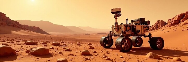 Mars rover exploring vast red desert landscape with rocky terrain, technology, expedition