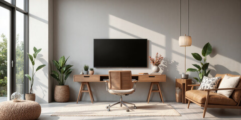 Fototapeta premium Boho Luxe Workspace A bohemian-inspired home office with a wall-mounted TV above a rustic wooden desk, hanging plants, eclectic decor