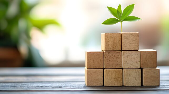 Wooden blocks stacked in steps with a small plant growing on top