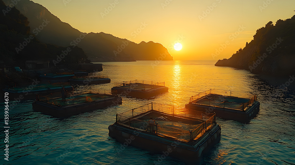 Poster sunset over floating structures: the warm embrace of the setting sun casts a golden glow over a tran
