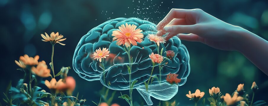 Mental health and wellness therapy concept with a hand gently watering flowers inside a brain, representing psychological healing, selfcare, and emotional growth