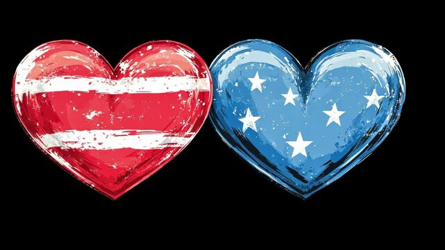 Painted heart flags: denmark and micronesia with colorful splashes on black background Happy 4th of July, Independence Day USA