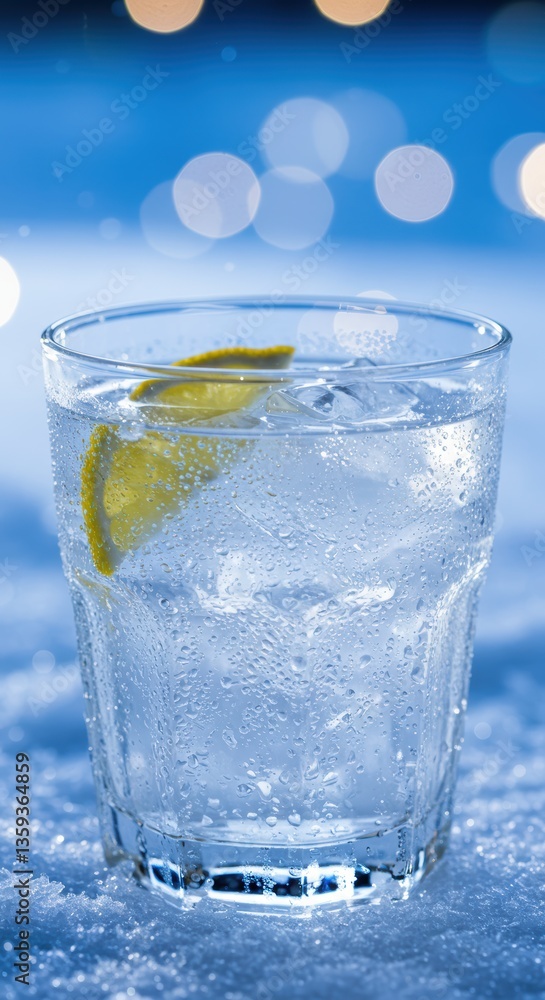 Poster refreshing glass of sparkling lemon water with ice and bokeh background