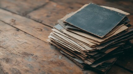 Old stacks of vintage photographs wooden table artistic content rustic environment close-up view nostalgia concept