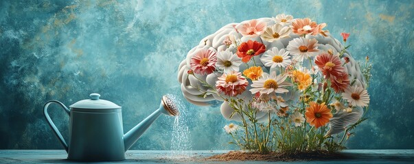 Psychology therapy and wellness concept with a human hand watering blooming flowers inside a brain, representing mental health care, personal growth, and psychological healing