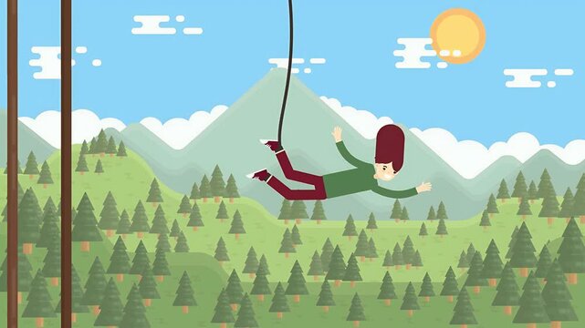 2D illustrated Animated Scene of Girl Bungee Jumping Off Of A Bridge In The Mountains And Enjoying.