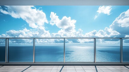Fototapeta premium Minimalist apartment balcony with seamless glass panels, direct ocean view stretching endlessly, soft white clouds reflecting on calm water 
