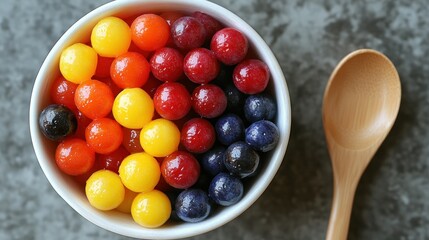 Colorful, round tapioca balls arranged in a bowl,  with blueberries