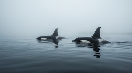 Fototapeta premium Orcas in a misty sea