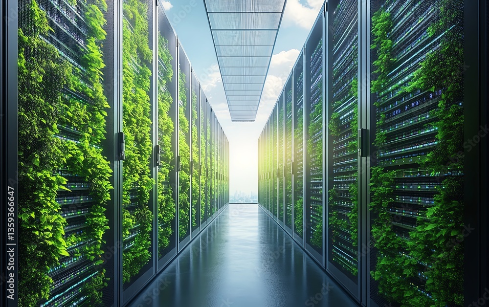 Poster cloud computing infrastructure in an ecofriendly server room, blending renewable energy sources with