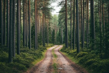Photo of a forest path through tall pine trees in Sweden