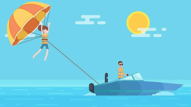 2D illustration Animated Girl Parasailing With Parachute Behind The Motor Boat Enjoying The Moment.