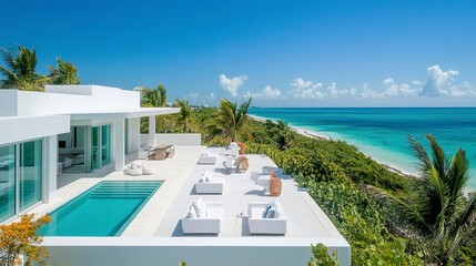 Minimalist coastal villa, white rooftop terrace blending into the skyline, vibrant ocean backdrop 