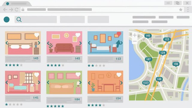 2D illustrated Animated Scene of Hotel Booking Online On Computer Using Location Map.