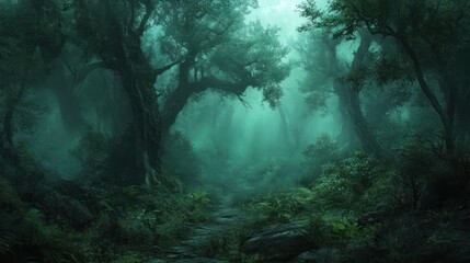 A misty forest path leads into the ethereal depths of the woods