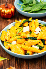 Cooked vegetarian pumpkin dumplings.