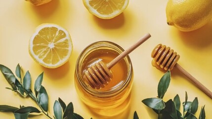 Mixing fresh lemon and honey for wellness kitchen recipe bright setting top-down view health benefits